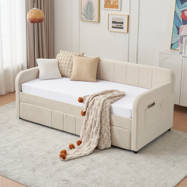 Alt view image 3 of 7 - Twin Upholstered Daybed Frame with Trundle, Twin Size Sofa Bed for Living Guest Slat Support, Beige, MDF, Iron