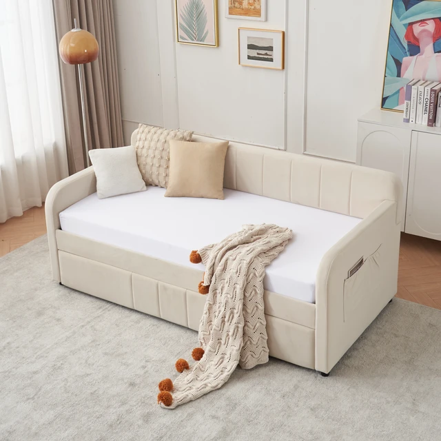 Alt view image 4 of 7 - Twin Upholstered Daybed Frame with Trundle, Twin Size Sofa Bed for Living Guest Slat Support, Beige, MDF, Iron