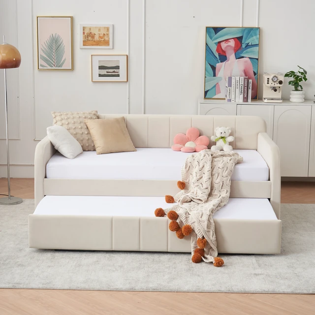 Alt view image 5 of 7 - Twin Upholstered Daybed Frame with Trundle, Twin Size Sofa Bed for Living Guest Slat Support, Beige, MDF, Iron