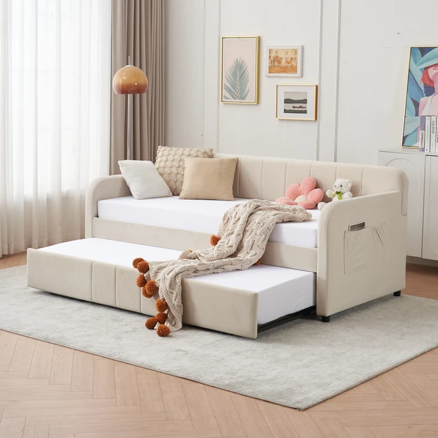 Alt view image 6 of 7 - Twin Upholstered Daybed Frame with Trundle, Twin Size Sofa Bed for Living Guest Slat Support, Beige, MDF, Iron