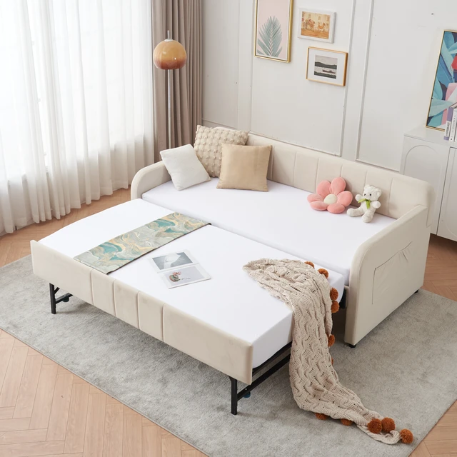 Alt view image 7 of 7 - Twin Upholstered Daybed Frame with Trundle, Twin Size Sofa Bed for Living Guest Slat Support, Beige, MDF, Iron