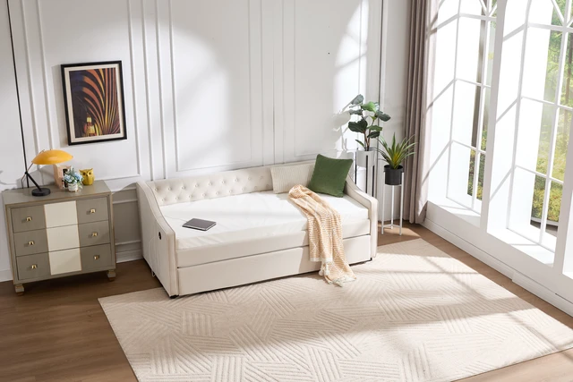 Alt view image 4 of 5 - Twin Size Upholstered Daybed with Trundle, USB Port Side Pockets Velvet Daybed with Button Back and Piping Waved Shape