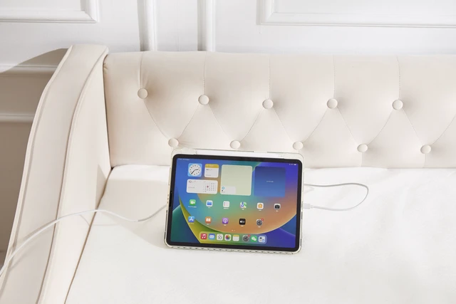 Alt view image 5 of 5 - Twin Size Upholstered Daybed with Trundle, USB Port Side Pockets Velvet Daybed with Button Back and Piping Waved Shape