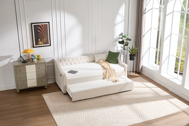 Alt view image 2 of 5 - Twin Size Upholstered Daybed with Trundle, USB Port Side Pockets Velvet Daybed with Button Back and Piping Waved Shape
