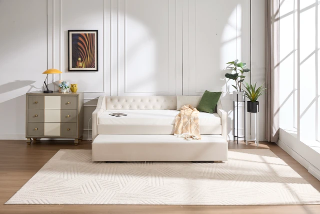 Alt view image 3 of 5 - Twin Size Upholstered Daybed with Trundle, USB Port Side Pockets Velvet Daybed with Button Back and Piping Waved Shape