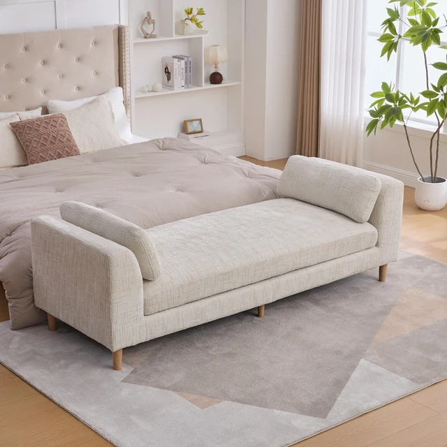 Main image of 83.1 Inch Wide Upholstered End Bed Bench with Armrests, Chenille Chaise Lounge Couch with Bolster Pillows Daybed