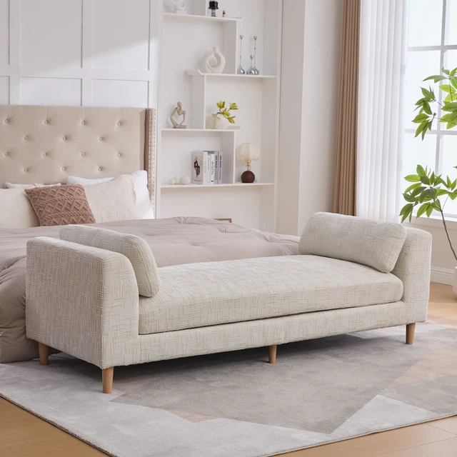 Alt view image 3 of 7 - 83.1 Inch Wide Upholstered End Bed Bench with Armrests, Chenille Chaise Lounge Couch with Bolster Pillows Daybed