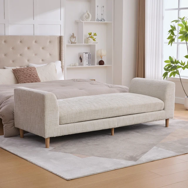 Alt view image 4 of 7 - 83.1 Inch Wide Upholstered End Bed Bench with Armrests, Chenille Chaise Lounge Couch with Bolster Pillows Daybed