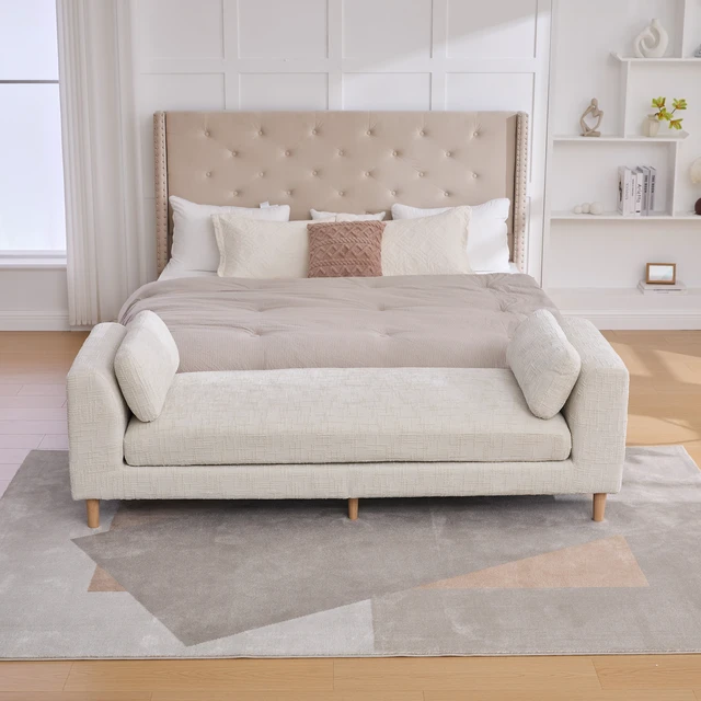 Alt view image 2 of 7 - 83.1 Inch Wide Upholstered End Bed Bench with Armrests, Chenille Chaise Lounge Couch with Bolster Pillows Daybed