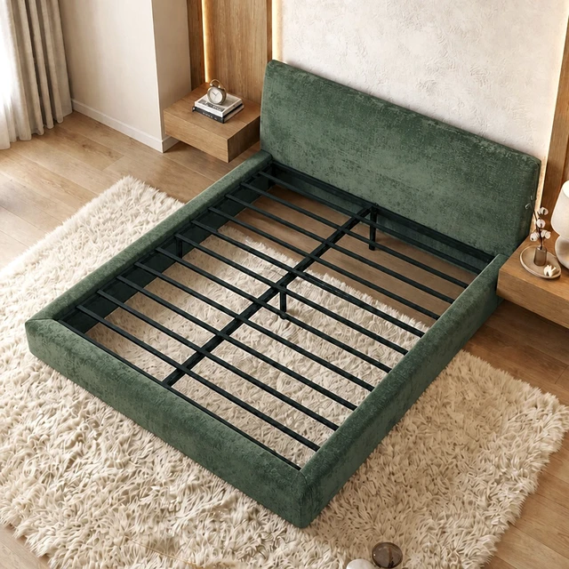 Alt view image 3 of 7 - Queen Size Compression Bed Upholstered Bed Frame with Headboard, Vacuum Sealed Foam with Metal Slats Box Spring Needed