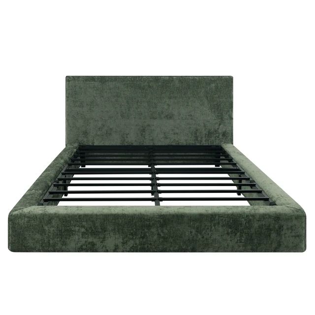 Alt view image 6 of 7 - Queen Size Compression Bed Upholstered Bed Frame with Headboard, Vacuum Sealed Foam with Metal Slats Box Spring Needed