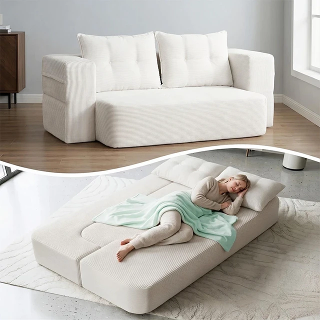 Main image of Corduroy Floor Convertible Sofa Bed Folding Sleeper Couch with High Density Foam Mattress Assembly Require for Living
