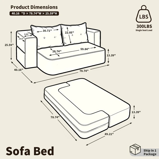 Alt view image 5 of 7 - Corduroy Floor Convertible Sofa Bed Folding Sleeper Couch with High Density Foam Mattress Assembly Require for Living