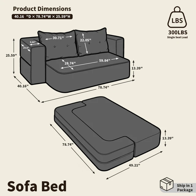 Alt view image 6 of 7 - Corduroy Floor Convertible Sofa Bed Folding Sleeper Couch with High Density Foam Mattress Assembly Require for Living
