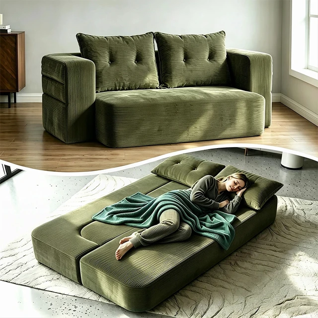 Main image of Corduroy Floor Convertible Sofa Bed Folding Sleeper Couch with High Density Foam Mattress Assembly Require for Living