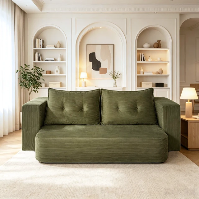 Alt view image 3 of 7 - Corduroy Floor Convertible Sofa Bed Folding Sleeper Couch with High Density Foam Mattress Assembly Require for Living