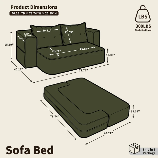 Alt view image 4 of 7 - Corduroy Floor Convertible Sofa Bed Folding Sleeper Couch with High Density Foam Mattress Assembly Require for Living