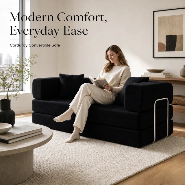 Alt view image 2 of 7 - Compression Sofa Bed, Convertible Floor Sofa with Pillow Back and Armrest Modular for Living, Antique Black, Corduroy