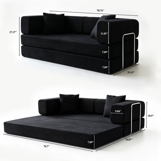 Alt view image 7 of 7 - Compression Sofa Bed, Convertible Floor Sofa with Pillow Back and Armrest Modular for Living, Antique Black, Corduroy