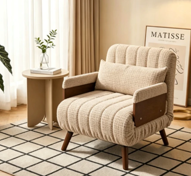 Alt view image 3 of 5 - Convertible Accent Chair Sofa Bed with Armrests Lounge Sleeper, Beige, Fabric, Foam and Solid Wood