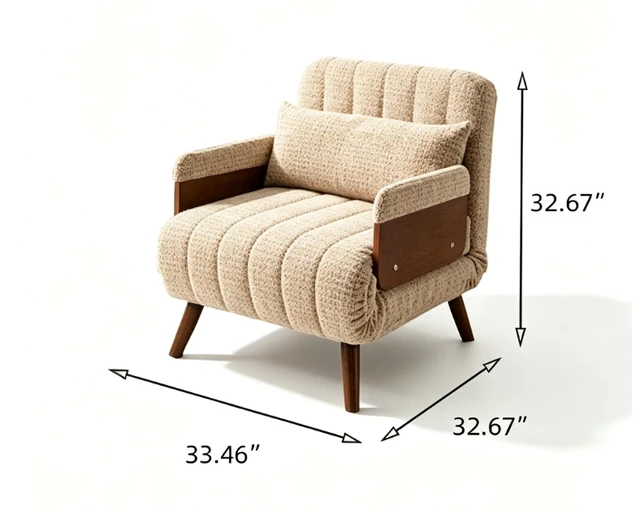 Alt view image 4 of 5 - Convertible Accent Chair Sofa Bed with Armrests Lounge Sleeper, Beige, Fabric, Foam and Solid Wood