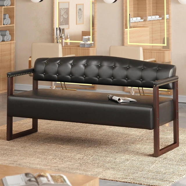 Main image of Salon Waiting Bench, 57.83 Inch Mid Century Reception Sofa Bench with Tufted Backrest and Nailhead Trim Leather