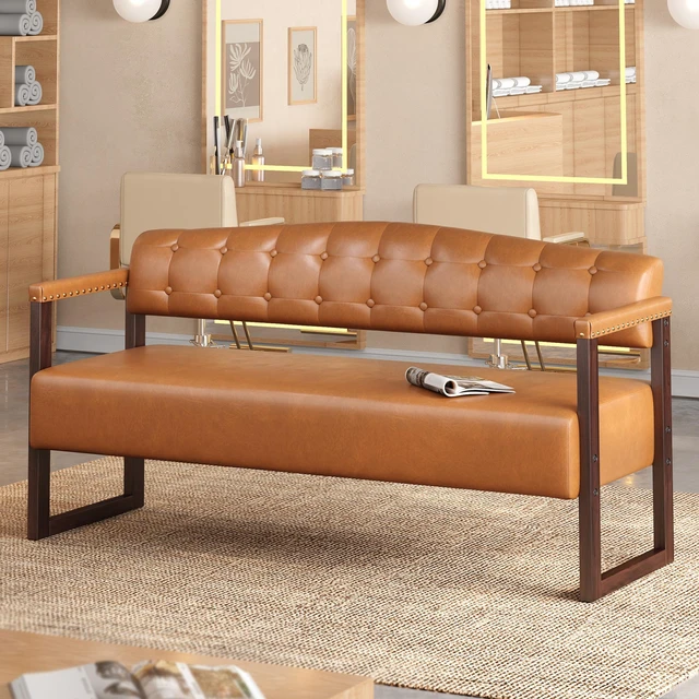 Main image of Salon Waiting Bench, 57.83 Inch Mid Century Reception Sofa Bench with Tufted Backrest and Nailhead Trim Leather