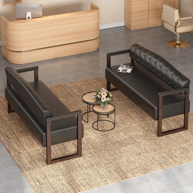 Main image of 2 Piece Salon Waiting Bench Set, 57.83 Inch Mid Century Reception Sofa Bench with Tufted Backrest and Nailhead Trim