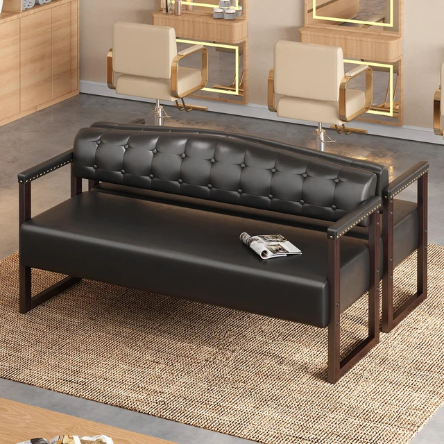 Alt view image 2 of 7 - 2 Piece Salon Waiting Bench Set, 57.83 Inch Mid Century Reception Sofa Bench with Tufted Backrest and Nailhead Trim