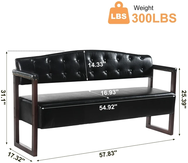 Alt view image 3 of 7 - 2 Piece Salon Waiting Bench Set, 57.83 Inch Mid Century Reception Sofa Bench with Tufted Backrest and Nailhead Trim