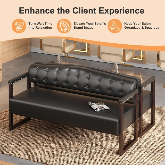 Alt view image 4 of 7 - 2 Piece Salon Waiting Bench Set, 57.83 Inch Mid Century Reception Sofa Bench with Tufted Backrest and Nailhead Trim