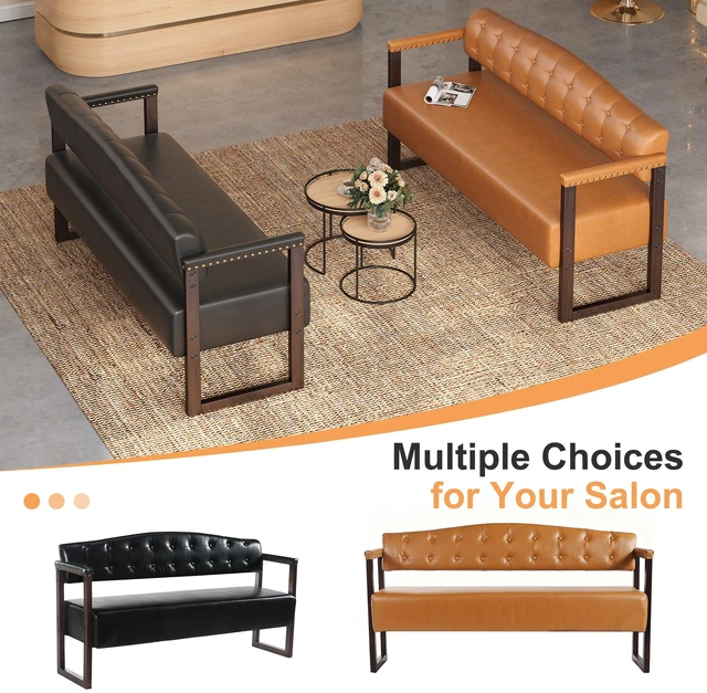 Alt view image 6 of 7 - 2 Piece Salon Waiting Bench Set, 57.83 Inch Mid Century Reception Sofa Bench with Tufted Backrest and Nailhead Trim