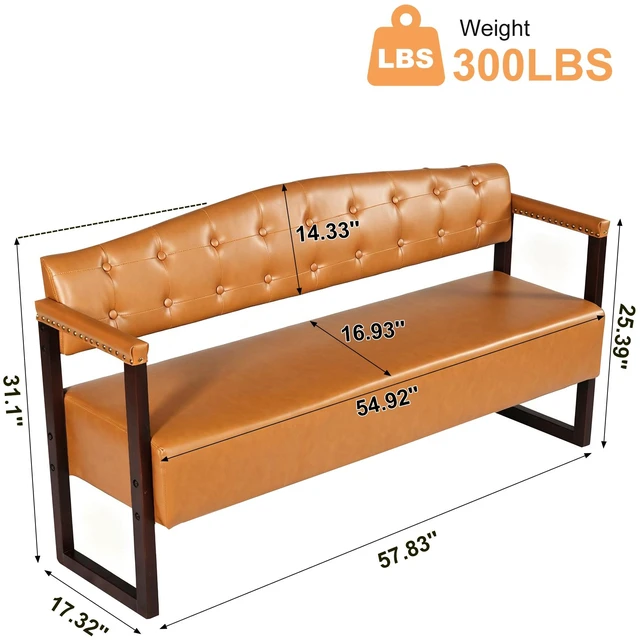 Alt view image 2 of 7 - Salon Waiting Bench, 57.83 Inch Mid Century Reception Sofa Bench with Tufted Backrest and Nailhead Trim Leather