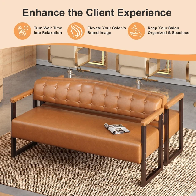 Alt view image 4 of 7 - Salon Waiting Bench, 57.83 Inch Mid Century Reception Sofa Bench with Tufted Backrest and Nailhead Trim Leather