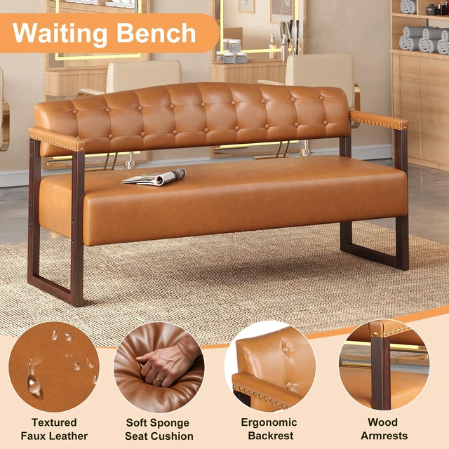 Alt view image 3 of 7 - Salon Waiting Bench, 57.83 Inch Mid Century Reception Sofa Bench with Tufted Backrest and Nailhead Trim Leather