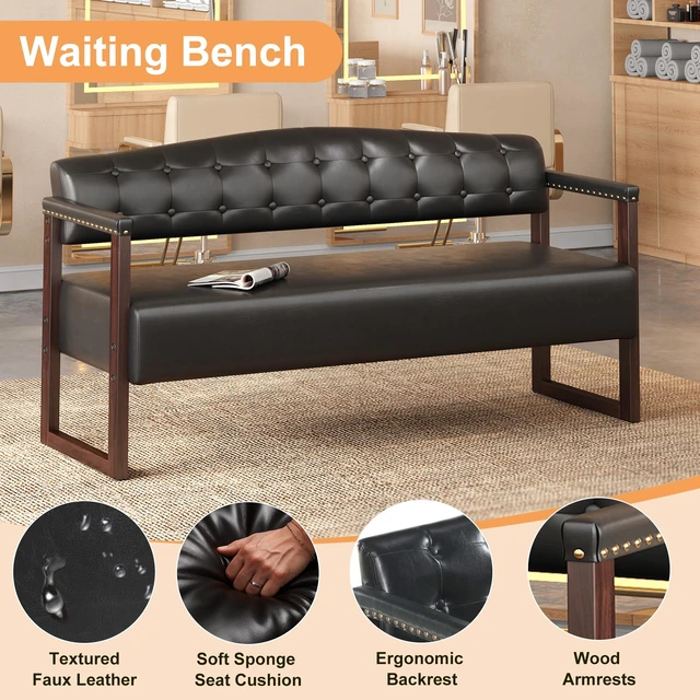 Alt view image 5 of 7 - 2 Piece Salon Waiting Bench Set, 57.83 Inch Mid Century Reception Sofa Bench with Tufted Backrest and Nailhead Trim