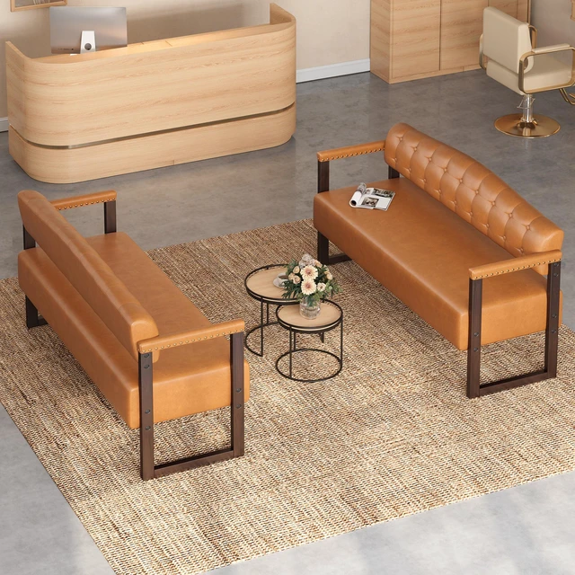 Main image of 2 Piece Salon Waiting Bench Set, 57.83 Inch Mid Century Reception Sofa Bench with Tufted Backrest and Nailhead Trim
