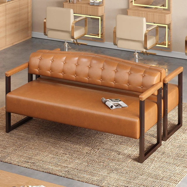 Alt view image 2 of 7 - 2 Piece Salon Waiting Bench Set, 57.83 Inch Mid Century Reception Sofa Bench with Tufted Backrest and Nailhead Trim