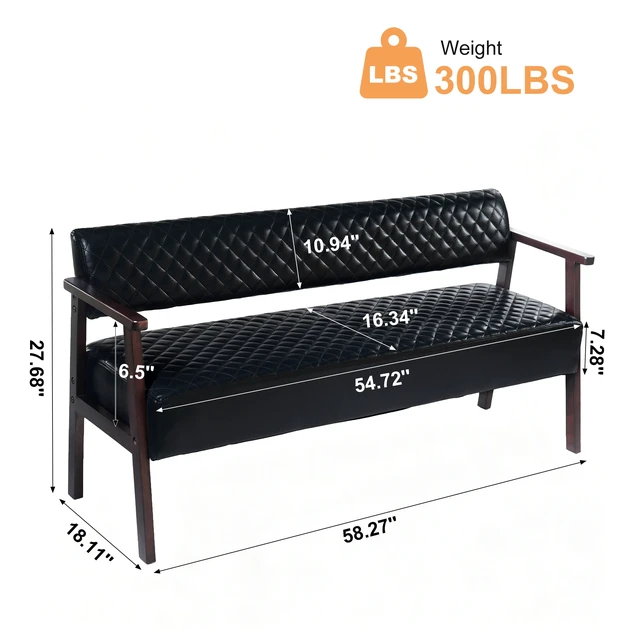 Alt view image 3 of 7 - 58.27 Inch Diamond Quilted Faux Leather Waiting Bench with Armrests, Upholstered Reception Bench for Salon Lobby