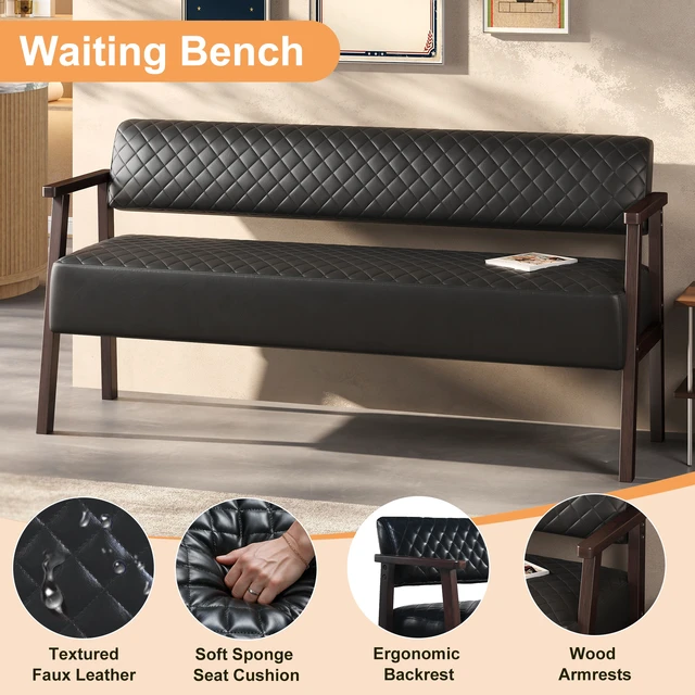 Alt view image 4 of 7 - 58.27 Inch Diamond Quilted Faux Leather Waiting Bench with Armrests, Upholstered Reception Bench for Salon Lobby