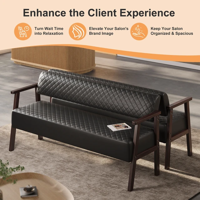 Alt view image 5 of 7 - 58.27 Inch Diamond Quilted Faux Leather Waiting Bench with Armrests, Upholstered Reception Bench for Salon Lobby