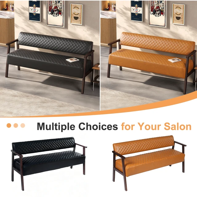 Alt view image 6 of 7 - 58.27 Inch Diamond Quilted Faux Leather Waiting Bench with Armrests, Upholstered Reception Bench for Salon Lobby