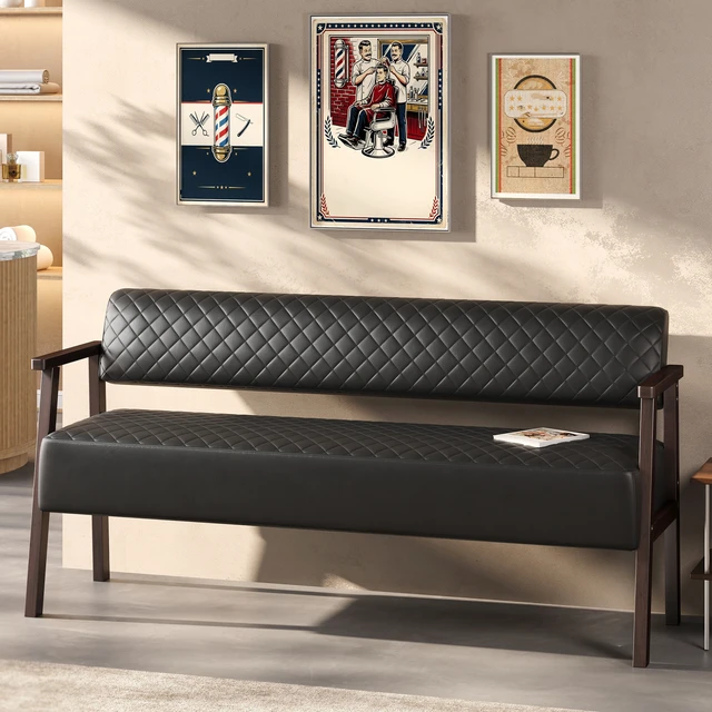 Alt view image 2 of 7 - 58.27 Inch Diamond Quilted Faux Leather Waiting Bench with Armrests, Upholstered Reception Bench for Salon Lobby