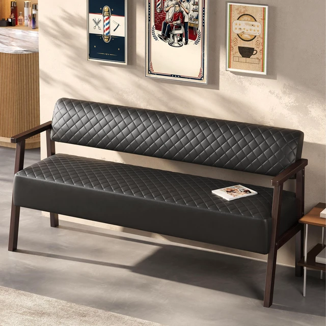 Main image of 58.27 Inch Diamond Quilted Faux Leather Waiting Bench with Armrests, Upholstered Reception Bench for Salon Lobby