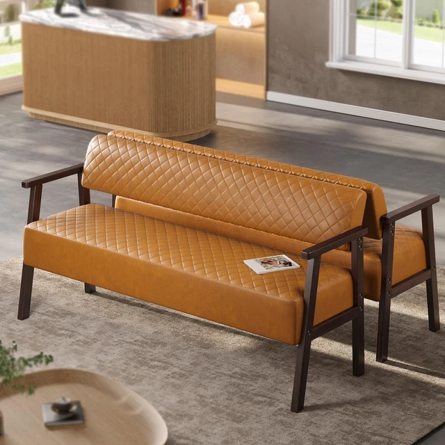 Main image of Pack Salon Waiting Bench Set, 58.27 Inch Faux Leather Reception Bench with Armrest Diamond Tufted Upholstered Lobby Set