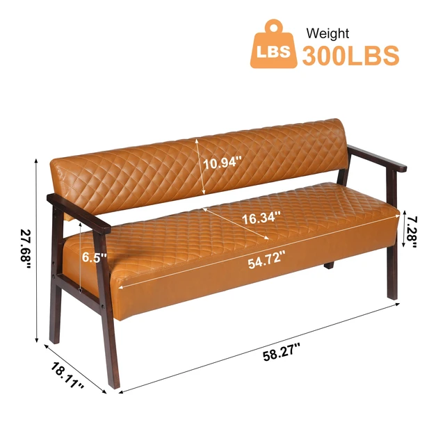 Alt view image 3 of 7 - 58.27 Inch Diamond Quilted Faux Leather Waiting Bench with Armrests, Upholstered Reception Bench for Salon Lobby