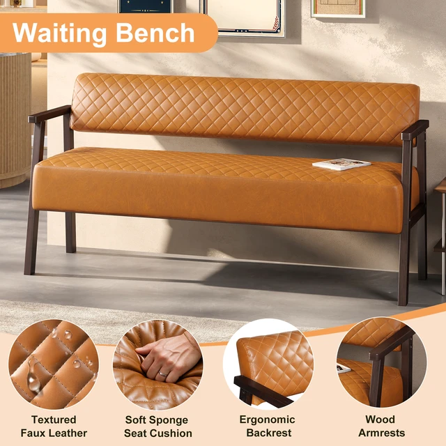 Alt view image 4 of 7 - 58.27 Inch Diamond Quilted Faux Leather Waiting Bench with Armrests, Upholstered Reception Bench for Salon Lobby