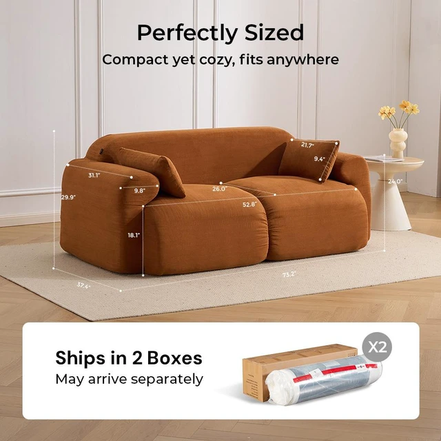 Alt view image 4 of 7 - Seater Block Modular Sofa, Rounded Edge Upholstered Couch Extra Deep Seat Edgeless Accent Sofa for Small Living, Brown