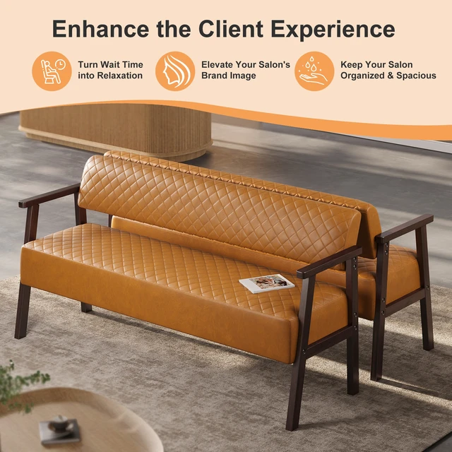 Alt view image 5 of 7 - 58.27 Inch Diamond Quilted Faux Leather Waiting Bench with Armrests, Upholstered Reception Bench for Salon Lobby