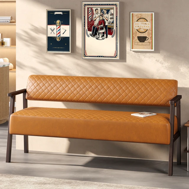 Alt view image 2 of 7 - 58.27 Inch Diamond Quilted Faux Leather Waiting Bench with Armrests, Upholstered Reception Bench for Salon Lobby